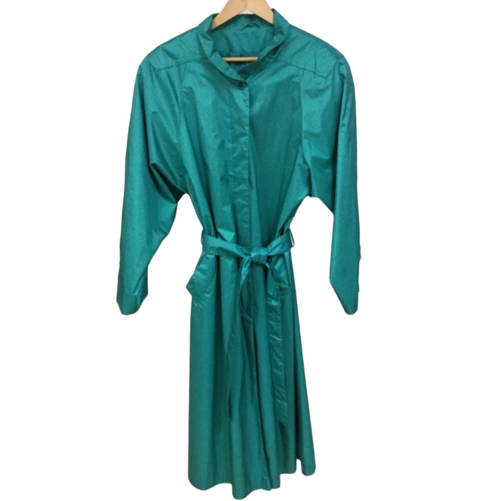 vtg JOHN WEITZ Trench Coat Rain Coat sz 14 Long Belted Korea Peacock Teal